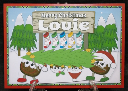 Crazy Christmas Puddings taking the Christmas Tree home and sign LOUIE by Suzi Cooper
