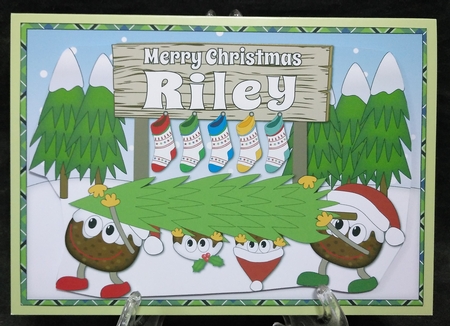 Crazy Christmas Puddings taking the Christmas Tree home and sign RILEY by Suzi Cooper