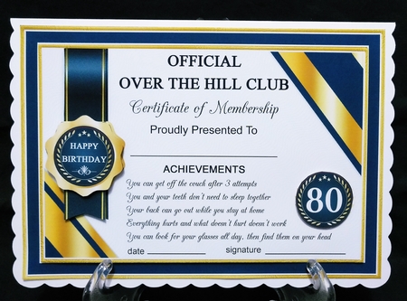 OVER THE HILL Humorous A5 Certificate Ages & Insert Card Kit by Suzi Cooper