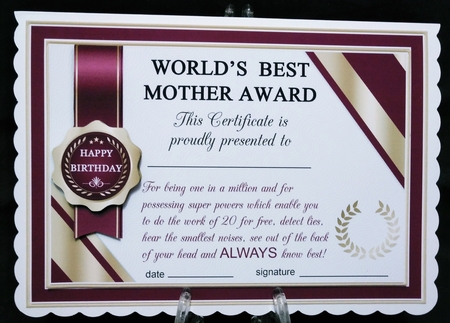 WORLDS BEST MOTHER Humorous A5 Certificate & Ages Card Kit by Suzi Cooper