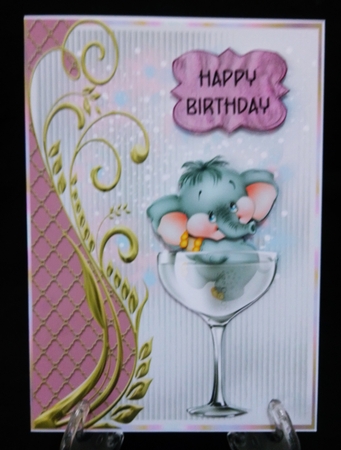 Nellie in a Wine Glass - 7x5 inch card front with decoupage by Suzi Cooper