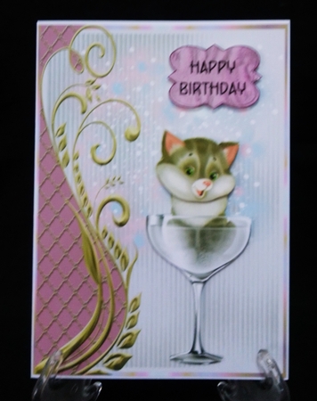 Kitten in a Wine Glass - 7x5 inch card front with decoupage by Suzi Cooper