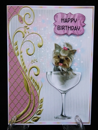 Yorkie in a Wine Glass - 7x5 inch card front with decoupage by Suzi Cooper