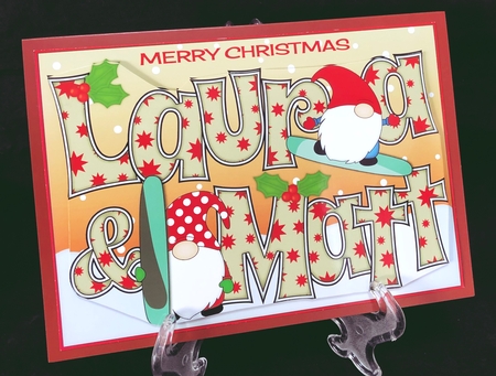 Christmas Gnomes snowboarding Laura & Matt A5 by Suzi Cooper