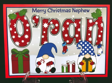 Christmas Gnomes with presents ORAN nephew A5 by Suzi Cooper