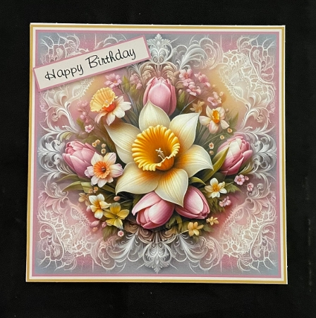 daffs and tulips on lace with pyramid toppers  by Suzi Cooper
