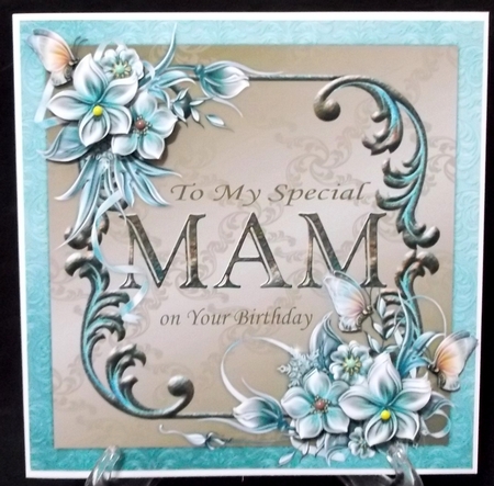 Winter Flowers 8x8 Decoupage Card - Mam - Aqua and Brown by Suzi Cooper