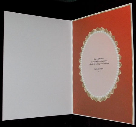 Red Snowflakes, Swirls, Gold Lace and Pearls Card Front by Suzi Cooper