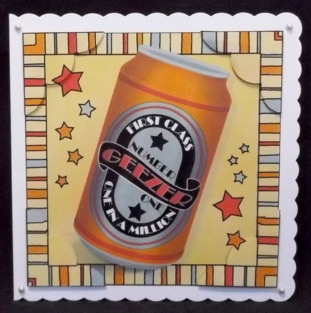 8 x 8 1st Class Geezer Beer Can Scalloped Corner Topper by Suzi Cooper