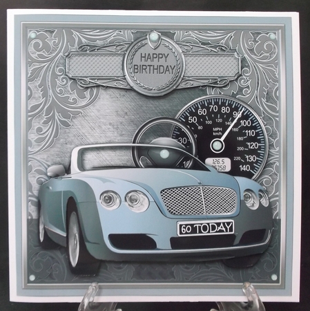 Blue Sports Car on a Scroll Background 8x8 Decoupage Minikit by Suzi Cooper