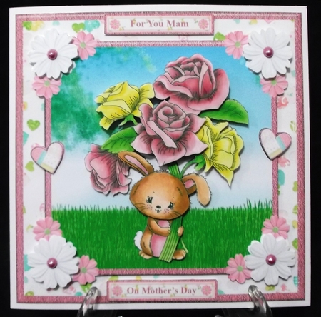 Sweet Bunny with Flowers 8x8 Card Mini Kit & Decoupage by Suzi Cooper