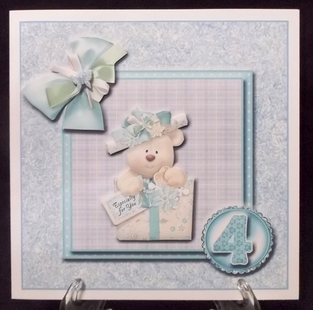 8x8blue Birthday Bear 4th Birthday Decoupage Topper by Suzi Cooper