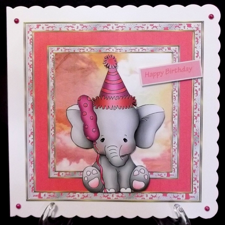 Elephant girl birthday 7x7 card approx with decoupage by Suzi Cooper
