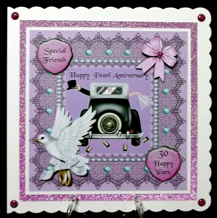 Pearl Anniversary card with wedding car & 3D dove and bow by Suzi Cooper