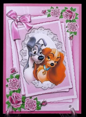 cute dogs cuddling on lace with pink roses & bow A5 by Suzi Cooper