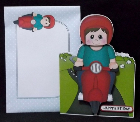 3D Shaped Card  Kit - Young Man Artur Rides his Motor Scooter by Suzi Cooper