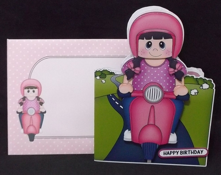 3D Shaped Card  Kit - Young Lady Charita Rides her Motor Scooter by Suzi Cooper