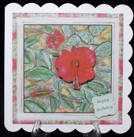 RED HIBISCUS: Birthday Floral Quick Card, 7x7, with Easy Decoupage, 5 Sentiment tags & Commercial Use by Suzi Cooper