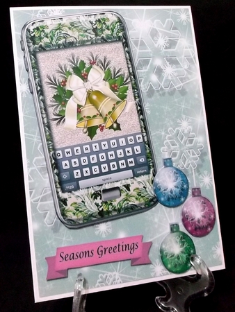 Green Phone with Christmas Bells, Snowflake and bauble background by Suzi Cooper