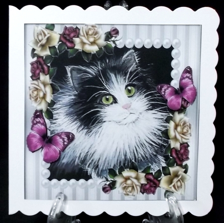 pretty painted black and white kitten with pearl & pink/cream roses 8x8 by Suzi Cooper