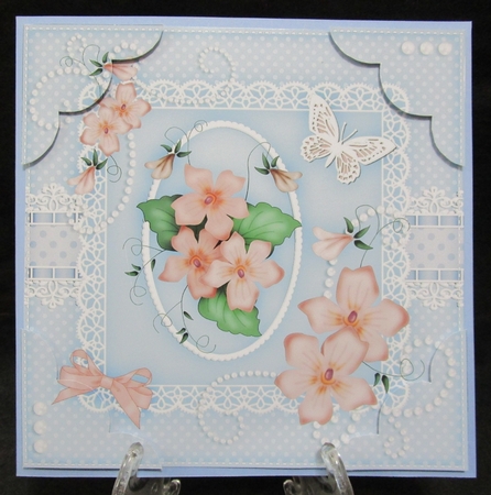 8 x 8 A Touch of Elegance Pretty Violas, Butterfly, Pearls and Lace Scalloped Corner Topper   by Suzi Cooper