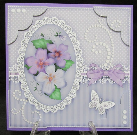 8 x 8 A Touch of Elegance Pretty Violas, Butterfly, Pearls and Lace Scalloped Corner Topper   by Suzi Cooper