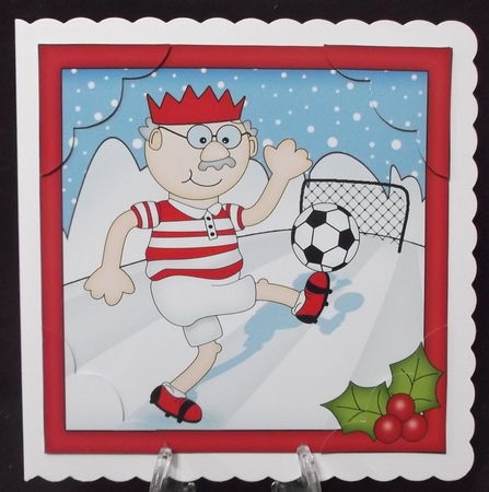 8 x 8 Christmas Old Man Bert plays football Scalloped corner Topper by Suzi Cooper