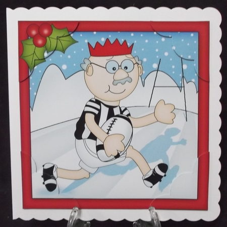 8 x 8 Christmas Old Man Bert plays rugby Scalloped corner Topper by Suzi Cooper