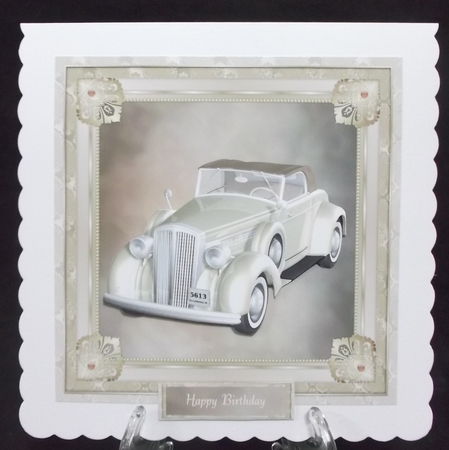 Vintage car birthday card front with decoupage & choice of tags by Suzi Cooper