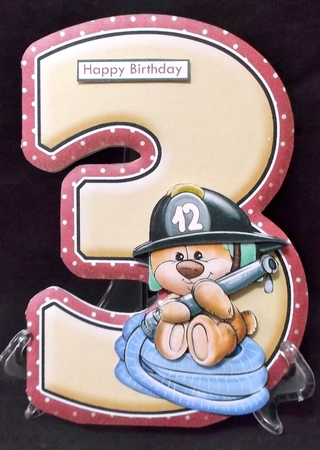 Age 3 Shaped Card  Insert & Optional Fireman Ted Decoupage Kit by Suzi Cooper