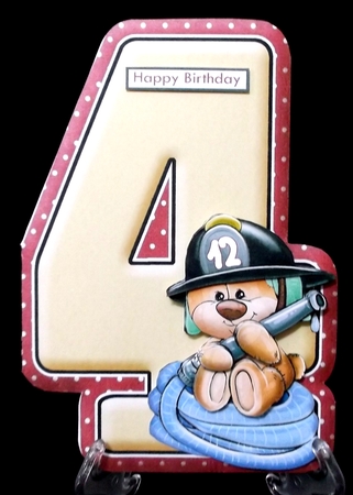 Age 4 Shaped Card  Insert & Optional Fireman Ted Decoupage Kit by Suzi Cooper
