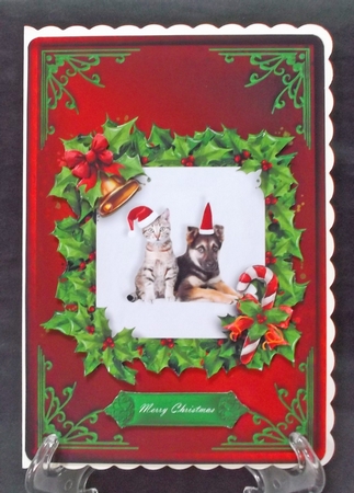 Cat And Puppy Christmas Card Front Red 1 by Suzi Cooper