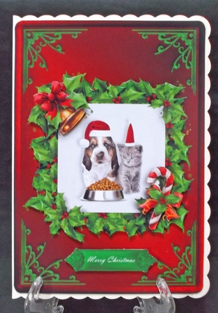 Puppy And Kitten Christmas Card Front Red 1 by Suzi Cooper