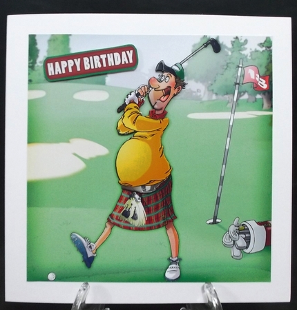 Golf Dude Kilt 8x8 Card Front by Suzi Cooper