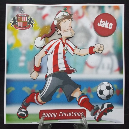 Football Dude Red and White Stripe Christmas 8x8 Card Front by Suzi Cooper