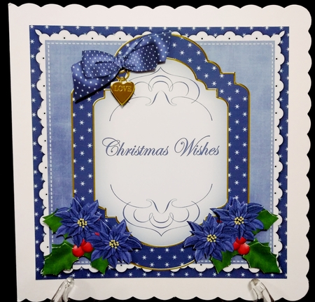 Dark Blue Poinsettia Christmas Wishes Fancy 7in Decoupage Topper by Suzi Cooper