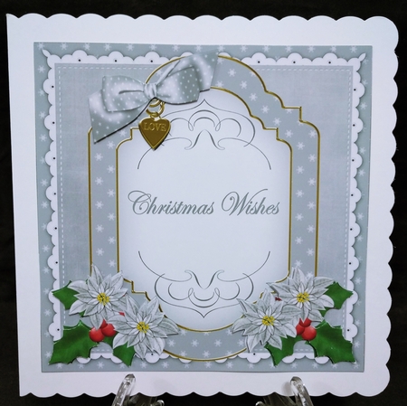 Silver Poinsettia Christmas Wishes Fancy 7in Decoupage Topper by Suzi Cooper