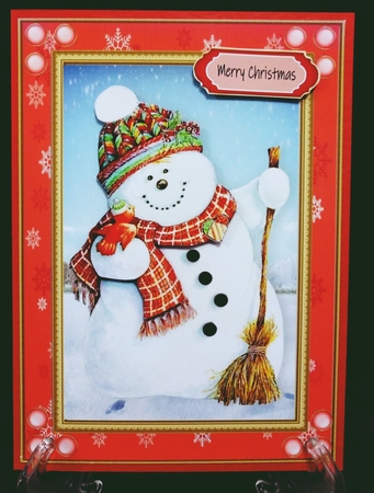 Gorgeous Snowman With Bird In Red Snowflake Frame by Suzi Cooper