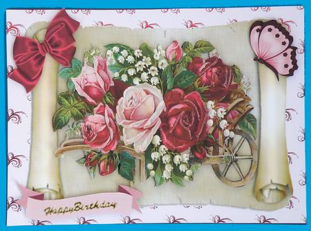 Roses in a Wheelbarrow, on a Scroll by Suzi Cooper