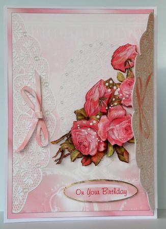 Pink Delice - Tie-flap Card with Pink Roses, Pearls & Lace by Suzi Cooper
