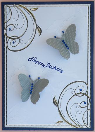 Embossed Roses and Gold Swirls A4 Card Front in Blue by Suzi Cooper