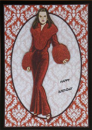 Vintage Fashion Lady on Damask Background Card Front by Suzi Cooper