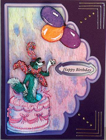 Dog Jumping Out of Birthday Cake Scallop Edge Card Front by Suzi Cooper