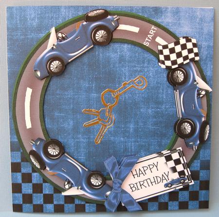 Blue Racing Car 8in Decoupage 3D Ring Card Kit by Suzi Cooper