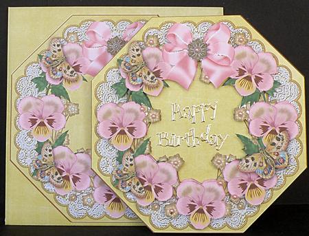 Pink Pansy Lemon Lace Octagon Decoupage Card Kit by Suzi Cooper