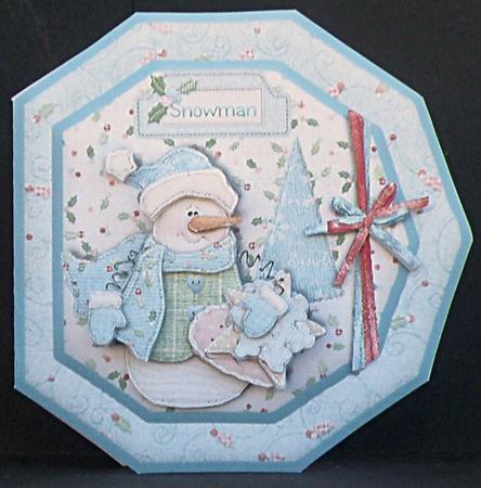 Snowman Blue Octogon Shaped Cut & Fold with Decoupage by Suzi Cooper
