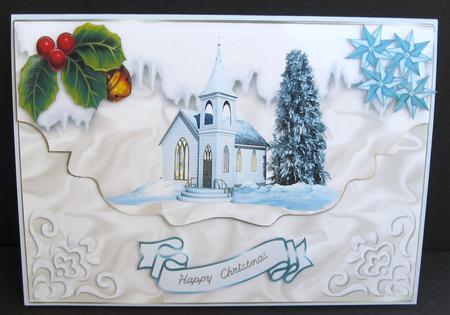 Pretty Christmas Church with Holly on Scalloped Envelope by Suzi Cooper