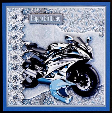 Blue Motorbike and Helmet 8in x 8in Decoupage by Suzi Cooper