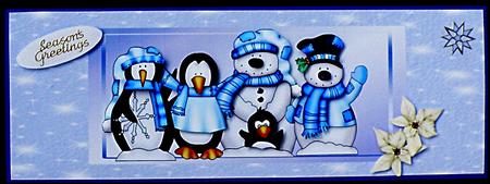 Long Blue Card with 2 Penguins and 2 Snowmen by Suzi Cooper
