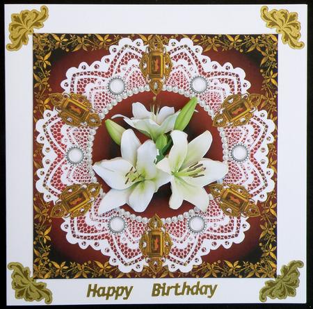 8 x 8 White Lily Flowers Pearls and Vintage Lace Ruby Card by Suzi Cooper